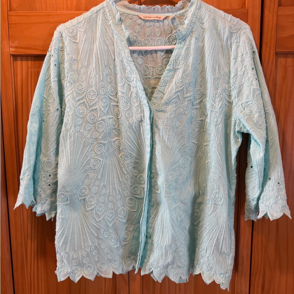 Soft Surroundings Light Aqua Embroidered Button-Down Blouse